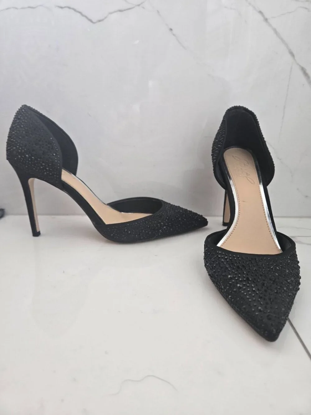 Jewel Badgley Mischka Grace Women's Black Embellished Pointed Toe D'Orsay Heels